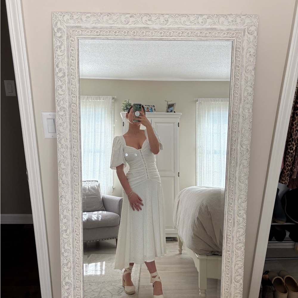 Perfect white pointelle midi drop waist bridal shower dress - Picture 3 of 10